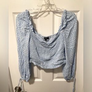 Lulus Women’s Crop Top Medium Blue Floral Long Sleeve 100% Rayon